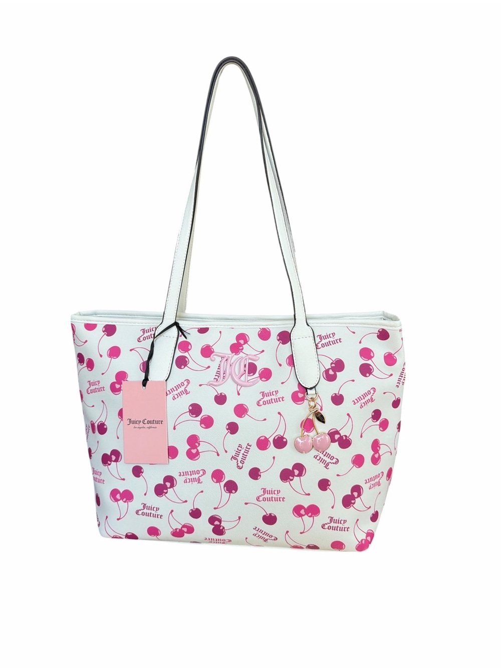 Juicy Couture White Tote with Pink Cherry Print and Charm